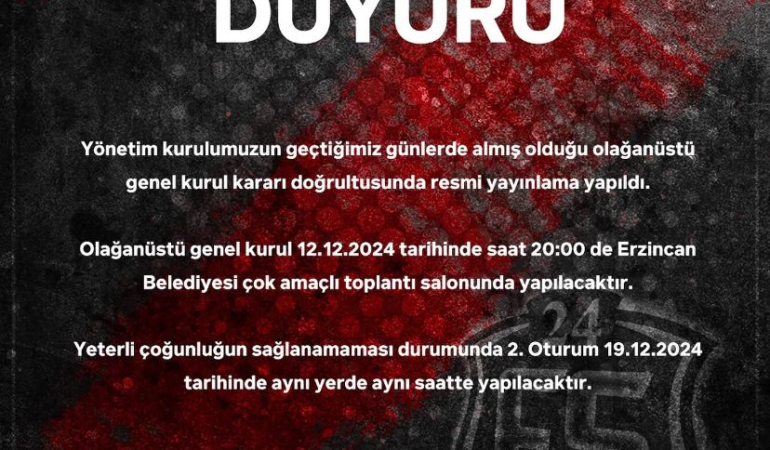 24Erzincanspor’da Genel Kurul Tarihi Belli Oldu